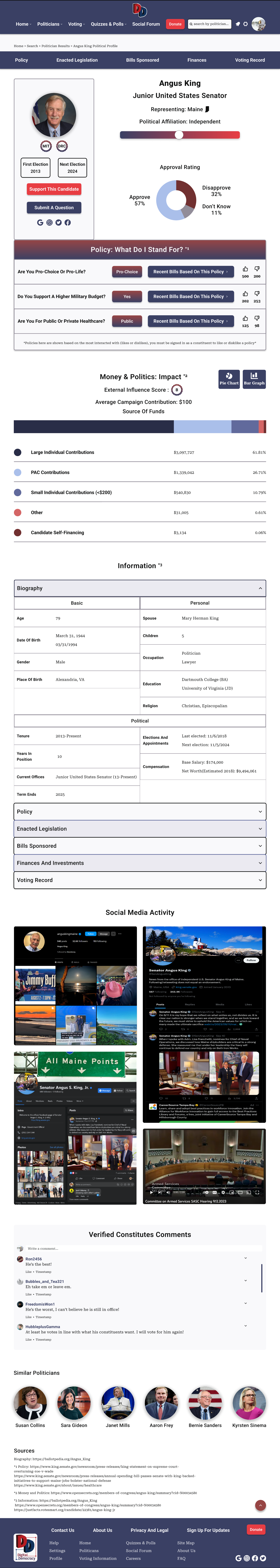 Scrollable screenshot of the "report card" for Senator Angus King
