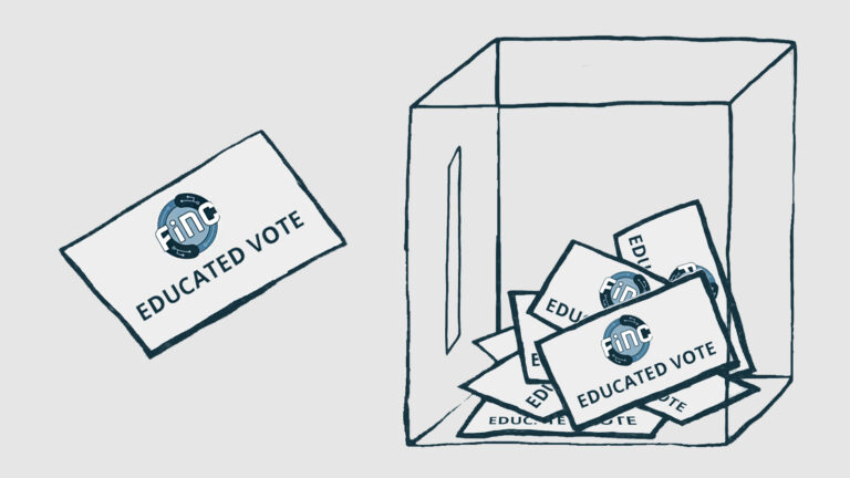 Illustration of a voting ballot with "Educated Vote" written on it, outside of a ballot box
