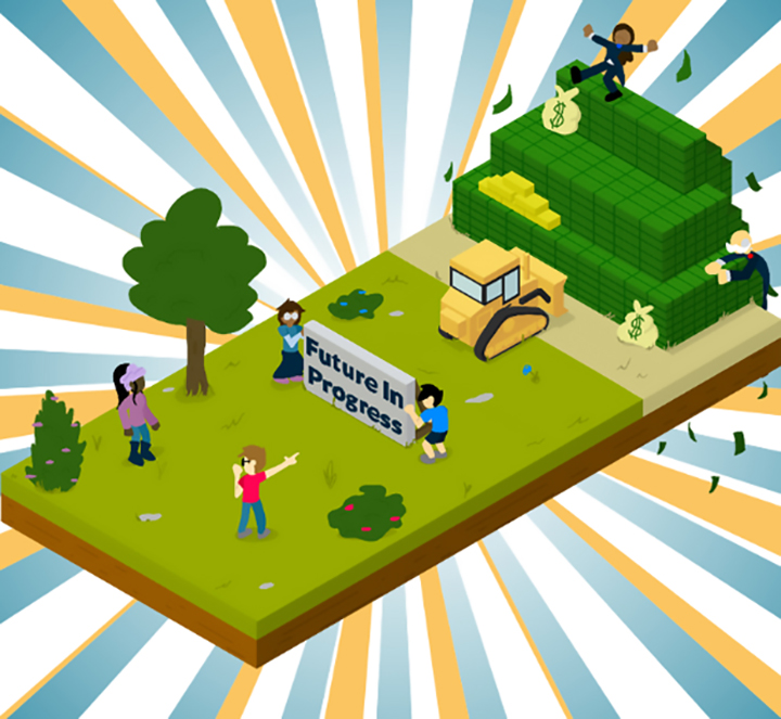 3D illustration of a bulldozer knocking down a pile of money, with a political office holder posing on top of it.