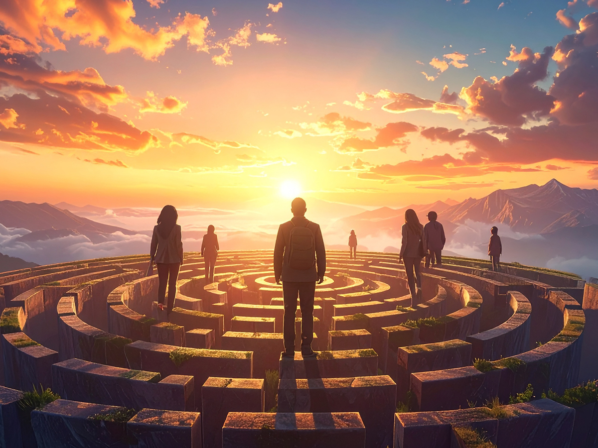 A group of people, different ages and ethnicities, standing on top of a maze and looking at the sun rising on the horizon.