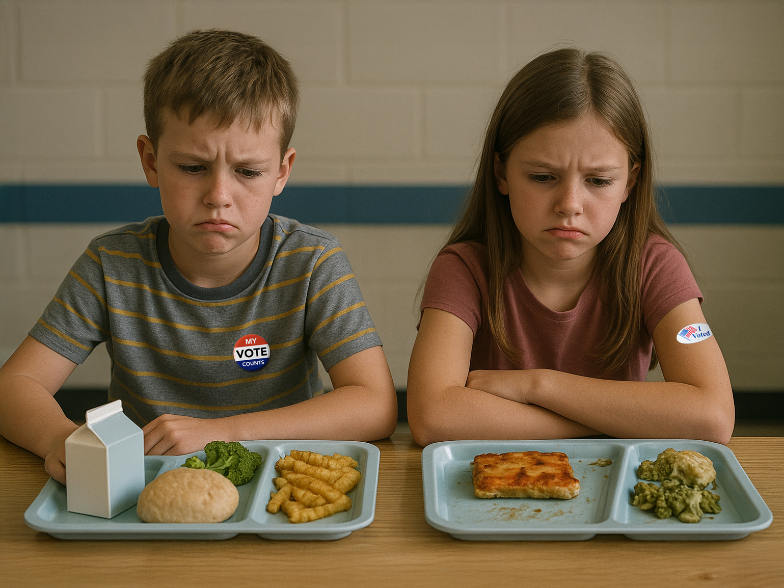 Two children sitting at a lunch room table, wearing buttons that say "I voted" and frowning at two trays of stale food