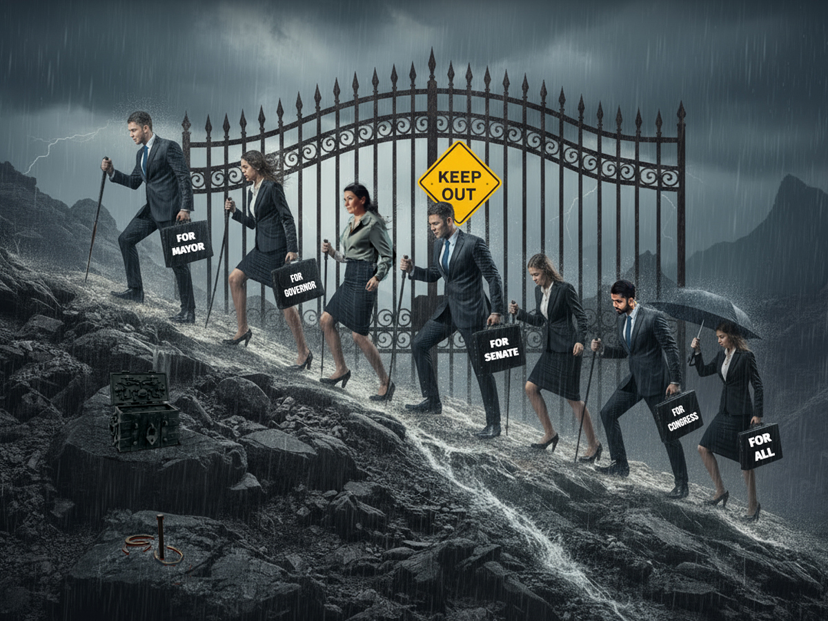 A group of alternative political candidates climbing up a rocky hill in a rainstorm. An iron gate with a KEEP OUT is behind them.