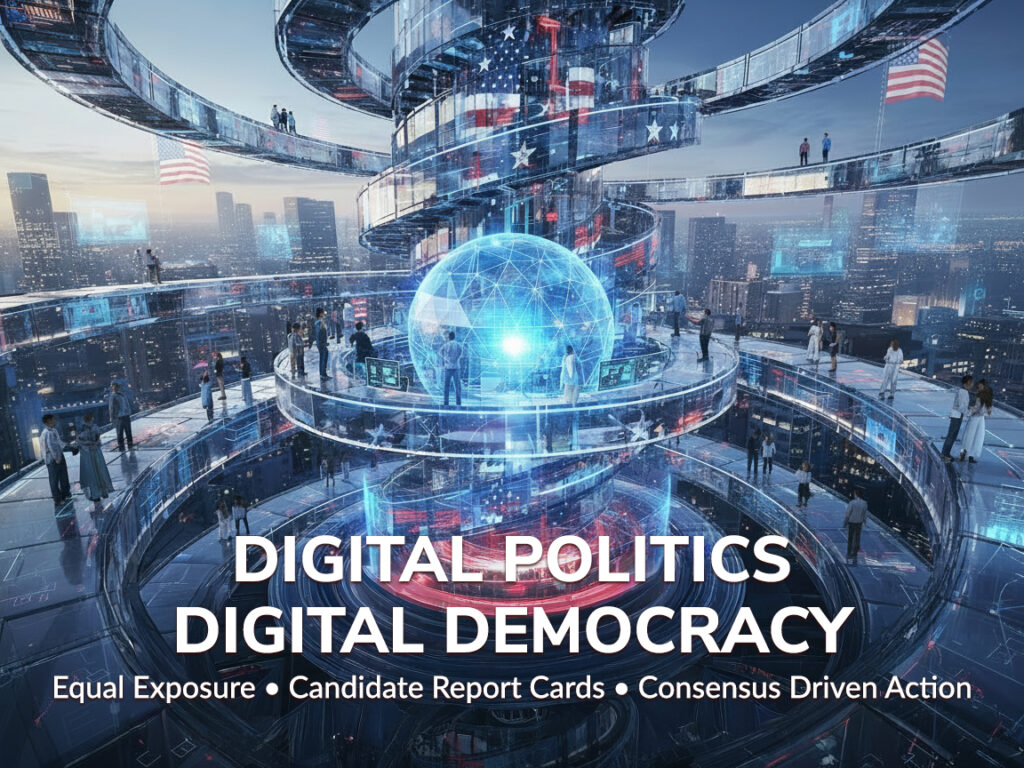 A futuristic political hub with transparent spiraling walkways, holographic data displays, and a glowing digital globe at the center, overlooking a modern American cityscape with U.S. flags, symbolizing advanced democracy, technology, and civic engagement.