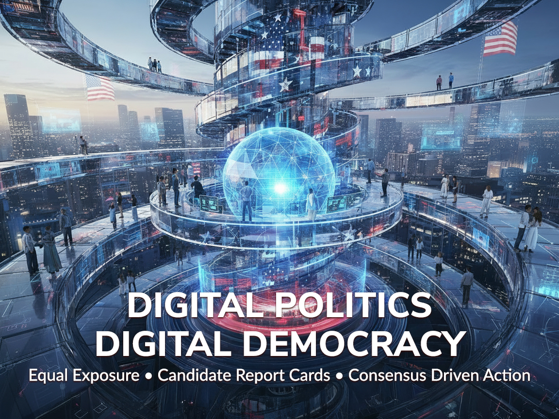 A futuristic political hub with transparent spiraling walkways, holographic data displays, and a glowing digital globe at the center, overlooking a modern American cityscape with U.S. flags, symbolizing advanced democracy, technology, and civic engagement.