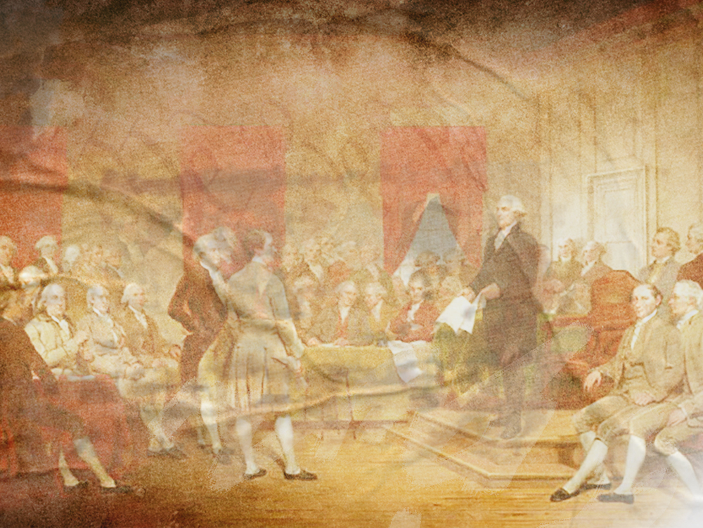 A replica of a 19th Century painting showing the creation of the U.S. Constitution, with creases and singed edges, demonstrating the fading ideals of democracy held by the Founding Fathers.